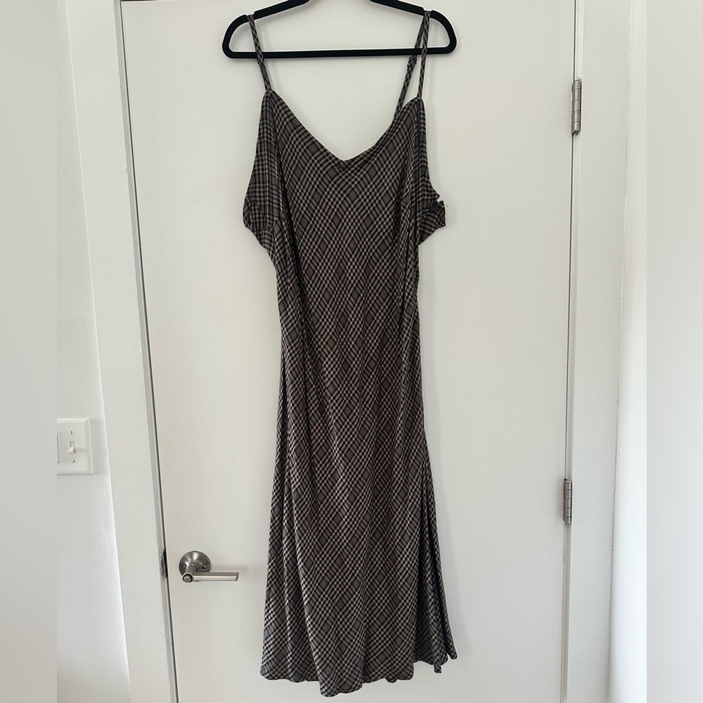 Black Plaid Maxi Slip Dress with Cold-Shoulder Straps